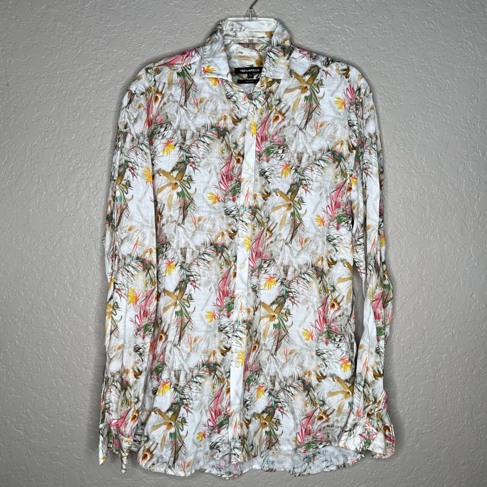 Ted Lapidus Linen White Tropical Print Button-Up Shirt Sz L Vacation Summer